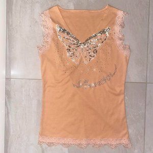 Early 2000s Y2K Rhinestone Butterfly Princess Sequined Lace Trim Sleeveless Top